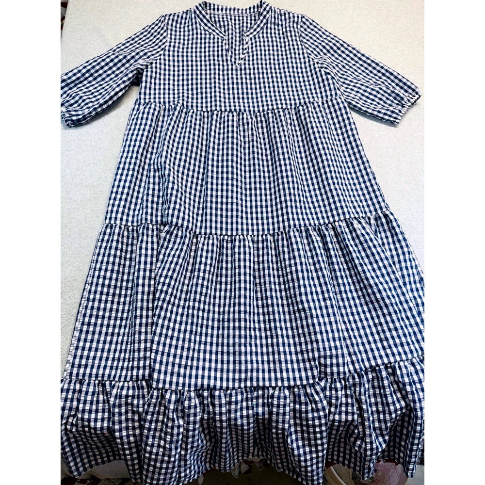 Womens XXL Blue White Gingham Tiered Midi Dress Cottagecore Boho Plus Flowy‎